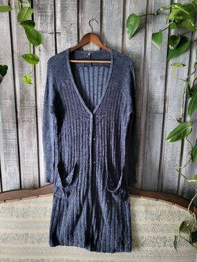 Free People Cardigan Sweater Pockets Shadow Stripe Long Ribbed Duster S FP